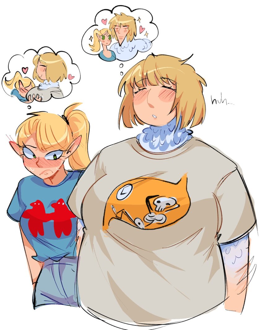 2girls, between_breasts, blonde_hair, blue_pants, blue_skirt, blush, breasts, clock