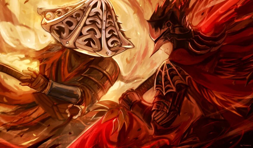 1boy, 1girl, armor, bloody_finger_hunter_yura, closed_mouth, commentary, covered_eyes, double_blade