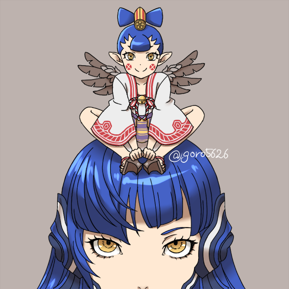 1boy, 1girl, amanozako_(megami_tensei), artist_name, asymmetrical_bangs, blue_hair, center-flap_bangs, closed_mouth