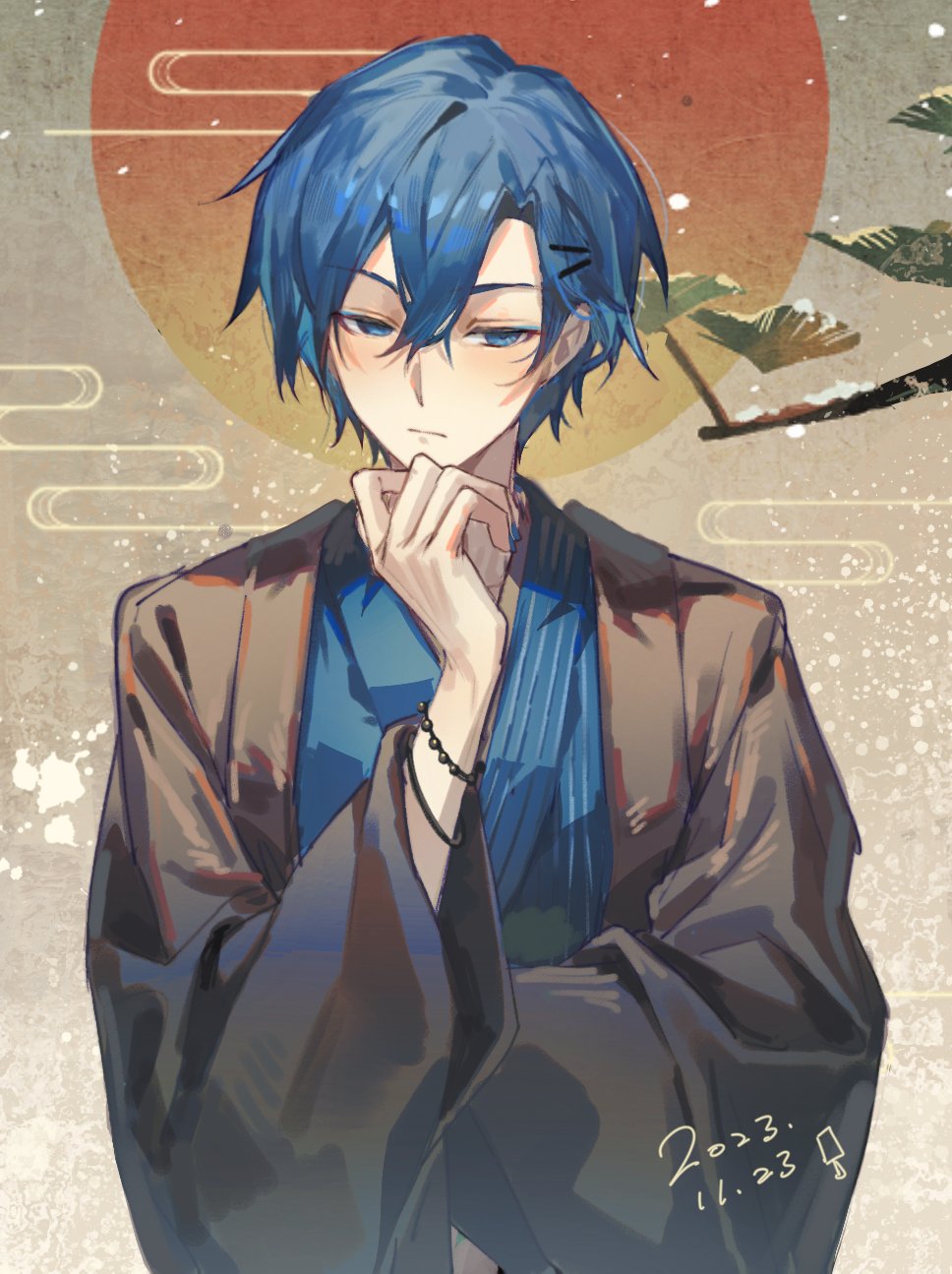 1boy, 2023, black_kimono, blue_eyeliner, blue_eyes, blue_hair, blue_kimono, blue_nails