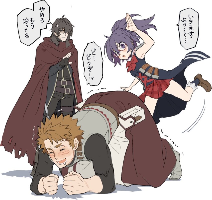 1girl, 2boys, all_fours, armor, bare_legs, belt, belt_pouch, black_gloves