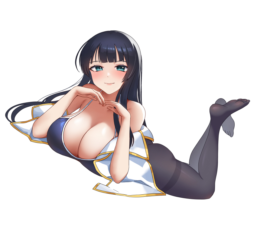 absurdres, black_hair, black_pantyhose, blue_eyes, blue_one-piece_swimsuit, blush, breasts, buyong22