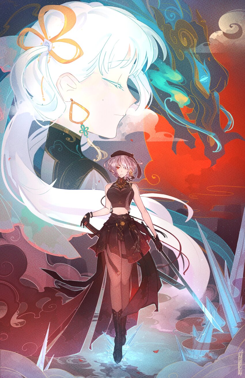 2girls, absurdres, bare_shoulders, beret, black_footwear, black_gloves, black_hat, black_skirt, blackhuajia, boots, bracelet, closed_eyes, cloud, commentary, dragon, earrings, english_commentary, gloves, hair_over_one_eye, hat, highres, holding, holding_sword, holding_weapon, icicle, jewelry, jinhsi_(wuthering_waves), low_twintails, midriff, multiple_girls, red_eyes, sanhua_(wuthering_waves), skirt, smoke, sword, twintails, water, weapon, white_hair, wuthering_waves