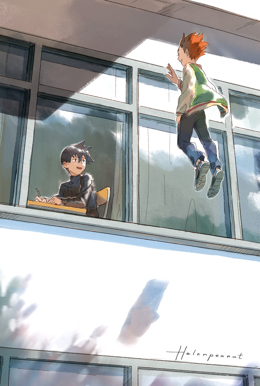 2boys, absurdres, black_hair, chair, curtains, desk, floating, full_body