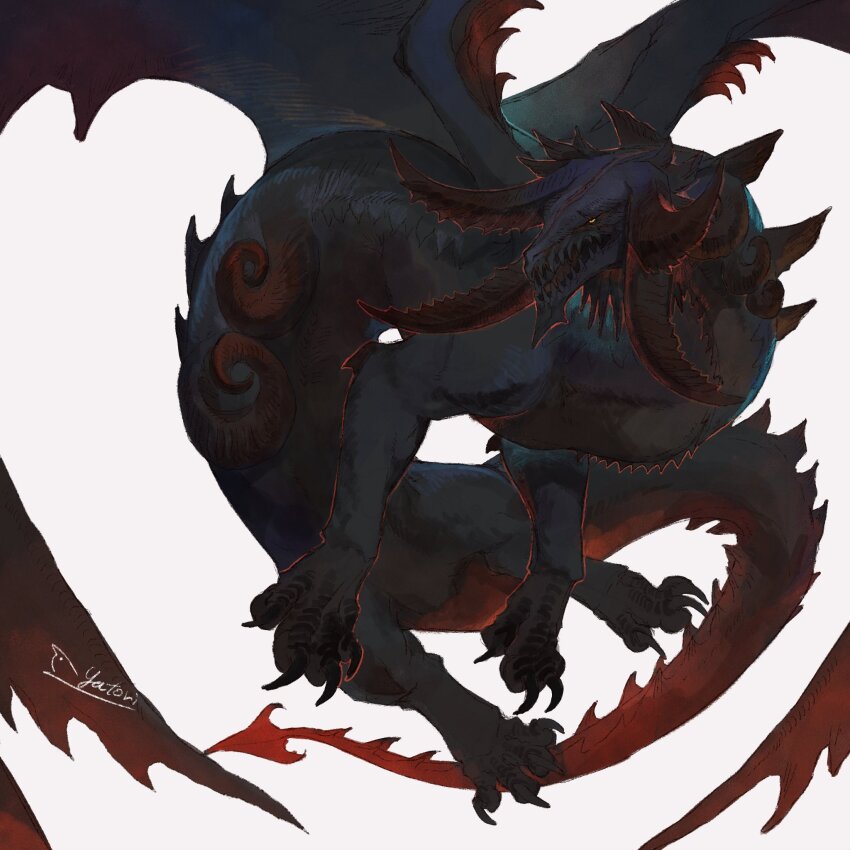 animal_focus, artist_name, curled_horns, dragon, final_fantasy, final_fantasy_xiv, full_body, highres, hisaki_yatori, horns, monster, multiple_horns, nidhogg_(ff14), no_humans, open_mouth, scales, scar, scar_across_eye, scar_on_face, sharp_teeth, signature, simple_background, slit_pupils, solo, tail, teeth, white_background, wings, yellow_eyes