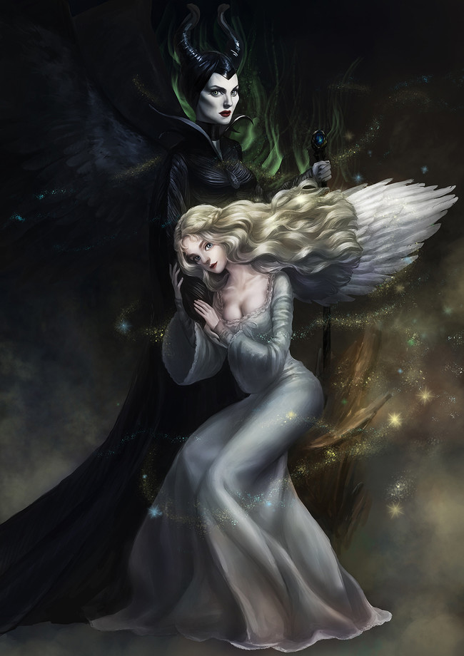 2girls, aurora_(disney), bad_bcy_id, bad_id, bird_wings, black_background, black_choker, black_dress