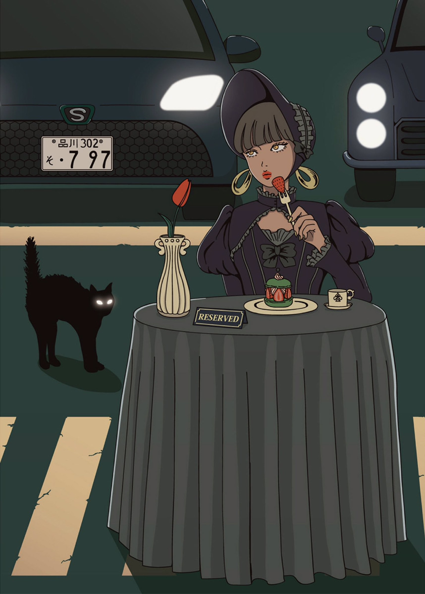 1girl, black_bow, black_cat, black_dress, bonnet, bow, cat, crosswalk