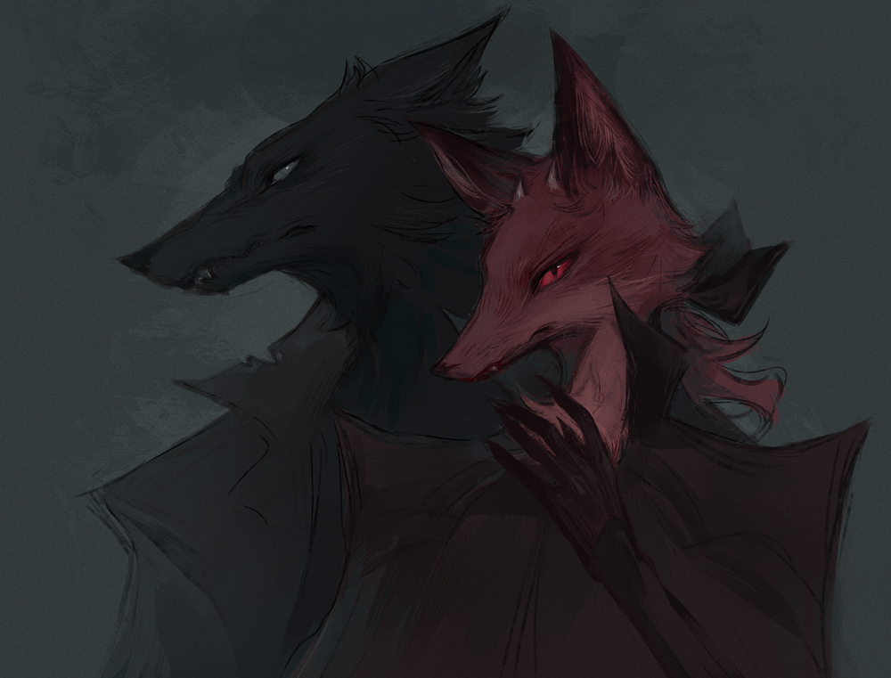 2boys, alternate_form, animal_ears, black_background, black_fur, black_jacket, colored_sclera, demon_horns