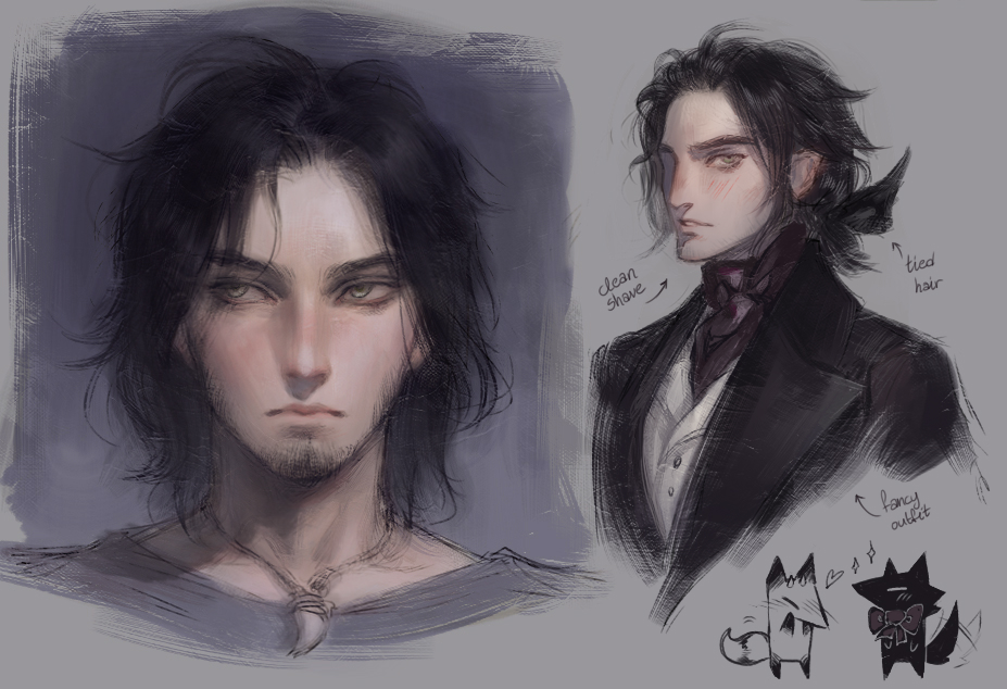 1boy, beard, bishounen, black_hair, black_jacket, blush, bow, bowtie, closed_mouth, commentary, couple, elrik_(nat_the_lich), english_commentary, facial_hair, formal_clothes, fox, goatee, heart, jacket, jewelry, male_focus, medium_hair, messy, nat_the_lich, navel, necklace, original, pale_skin, pink_lips, renard_beauchene_(nat_the_lich), sideways_glance, solo, sparkle, strapless, suit_jacket, tail, tail_wagging, tooth_necklace, vest, waistcoat, wavy_hair, white_vest, wolf, yaoi