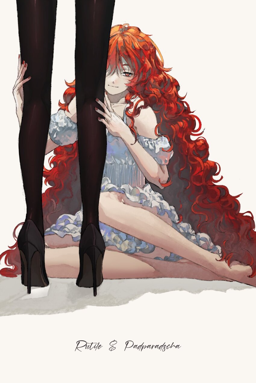 2others, black_footwear, character_name, collarbone, commentary, curly_hair, dress, english_commentary