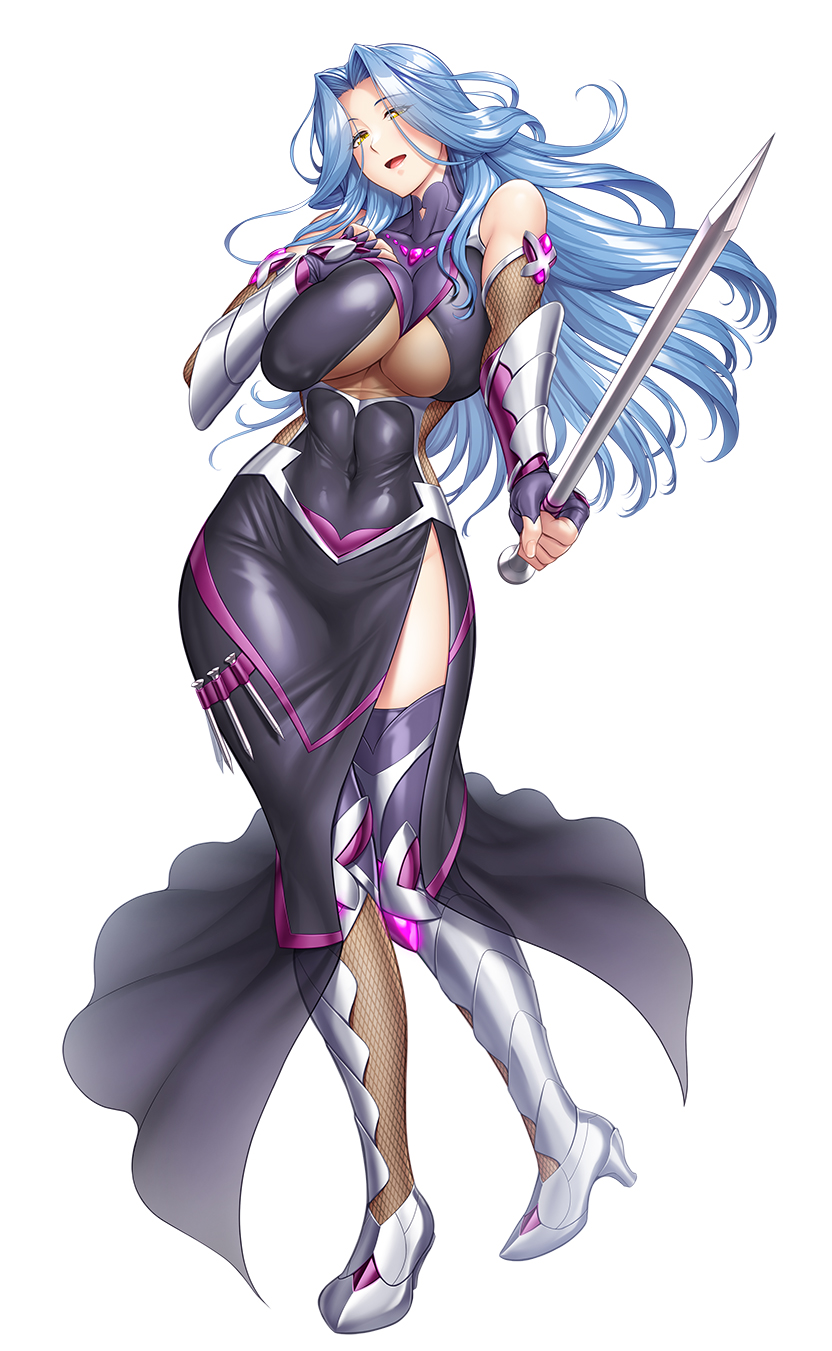 1girl, armored_boots, boots, breasts, breasts_squeezed_together, covered_navel, curvy, full_body, hazamada_kirino, highres, holding, holding_sword, holding_weapon, large_breasts, lilith-soft, long_hair, looking_at_viewer, open_mouth, shiny_clothes, shiny_skin, solo, sword, taimanin_(series), taimanin_rpgx, taimanin_suit, weapon, wide_hips, zol