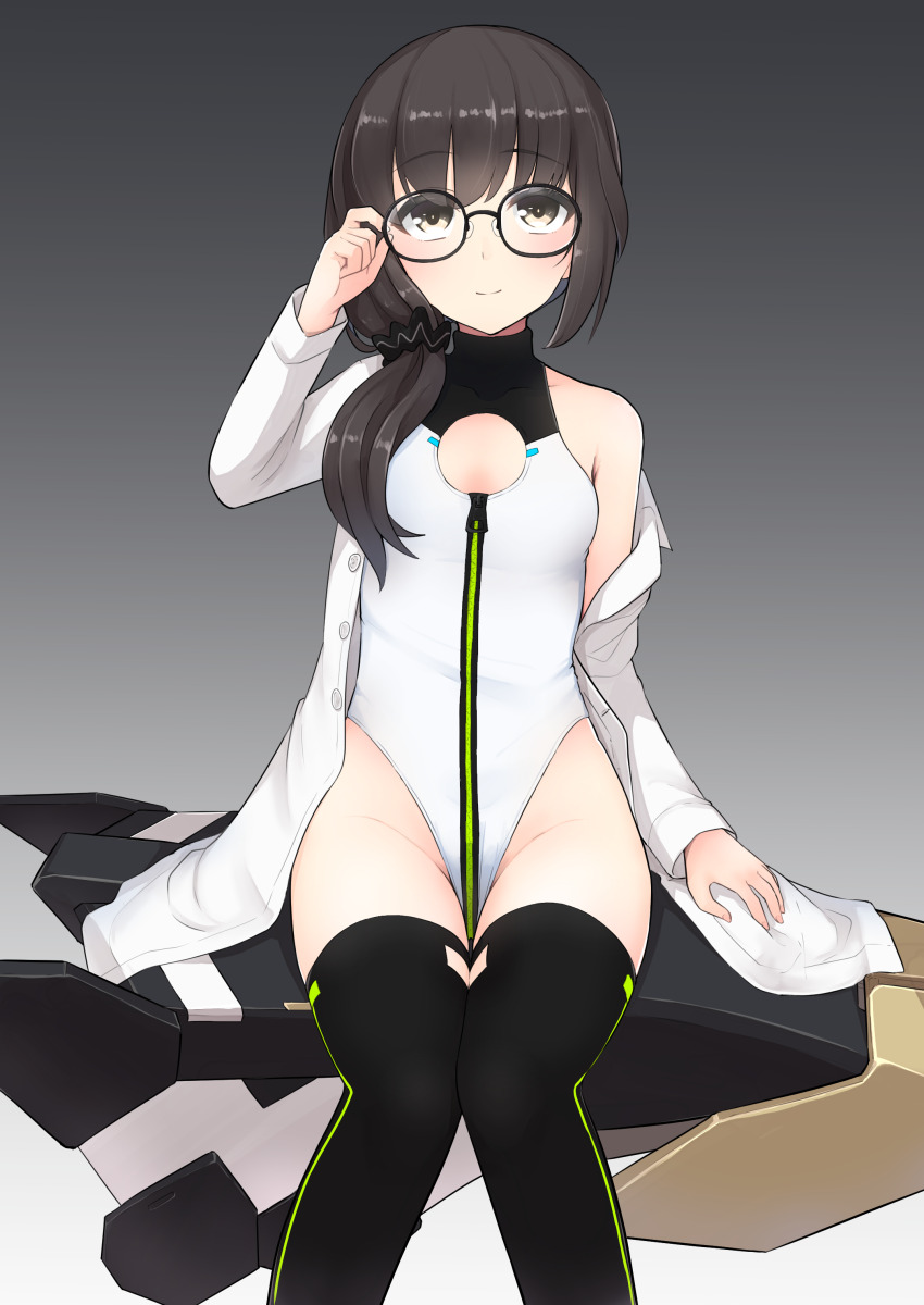 1girl, absurdres, adjusting_eyewear, alice_gear_aegis, black_background, black_hair, black_scrunchie, black_thighhighs