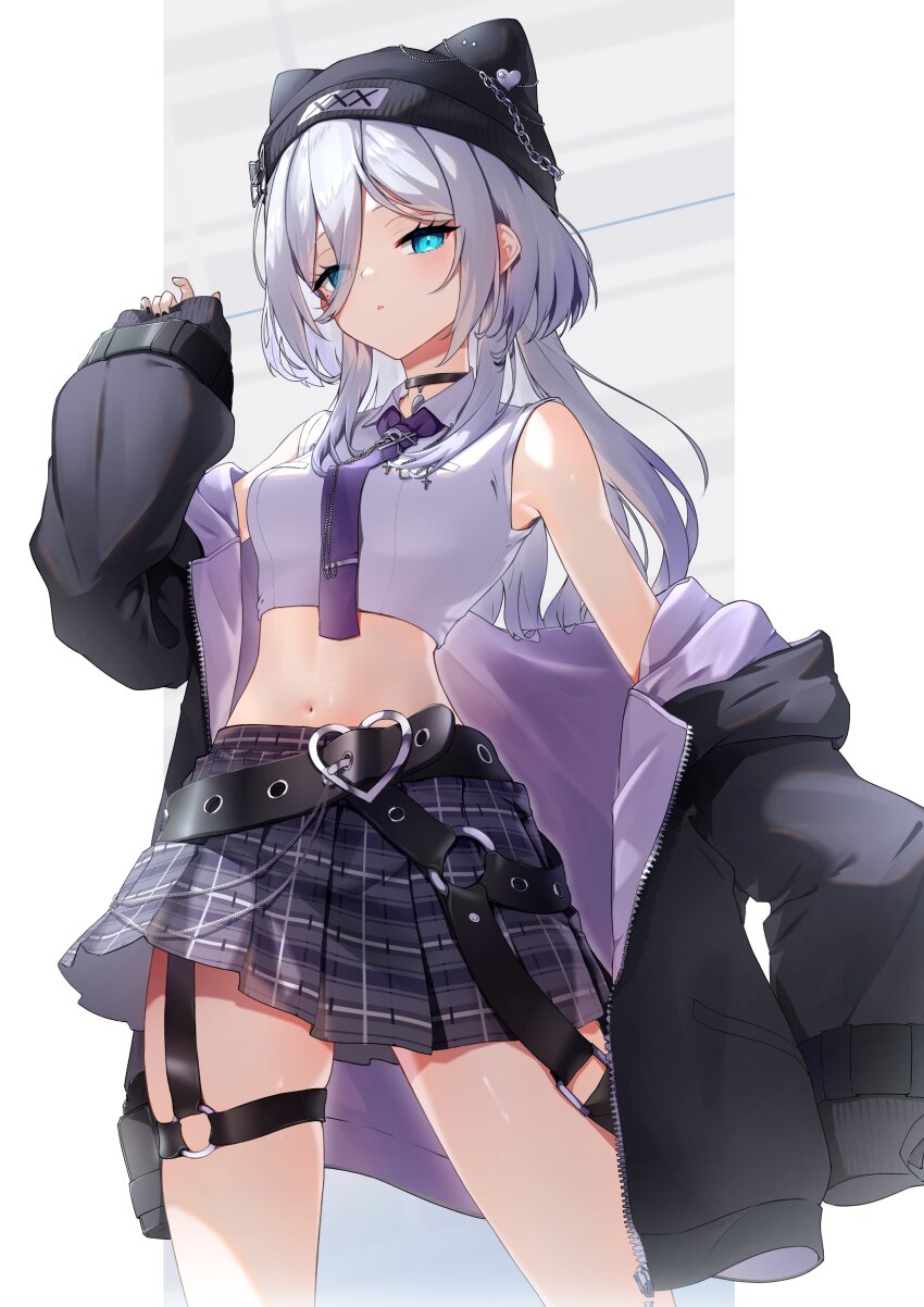 1girl, absurdres, animal_hat, beanie, belt, black_belt, black_choker, black_hat