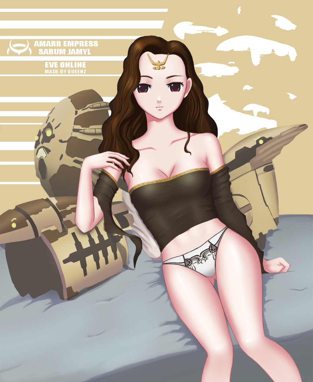 1girl, abaddon_(eve_online), amarr_empire_(eve_online), apocalypse_(eve_online), armageddon_(eve_online), attack_ship_(eve_online), avatar_(eve_online), bare_shoulders