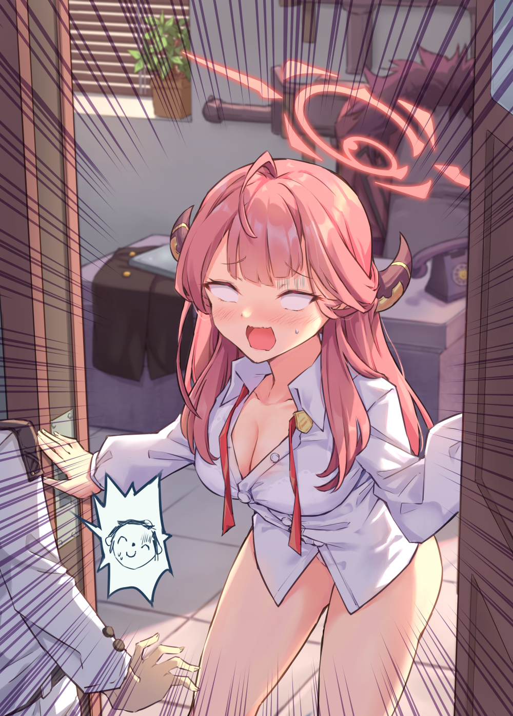 1boy, 1girl, aru_(blue_archive), blue_archive, blush, breasts, brown_coat, brown_horns