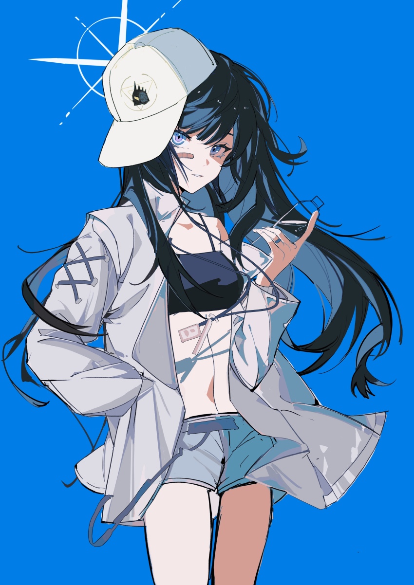 1girl, absurdres, bandaid, bandaid_on_face, baseball_cap, bikini, black_bikini, black_hair