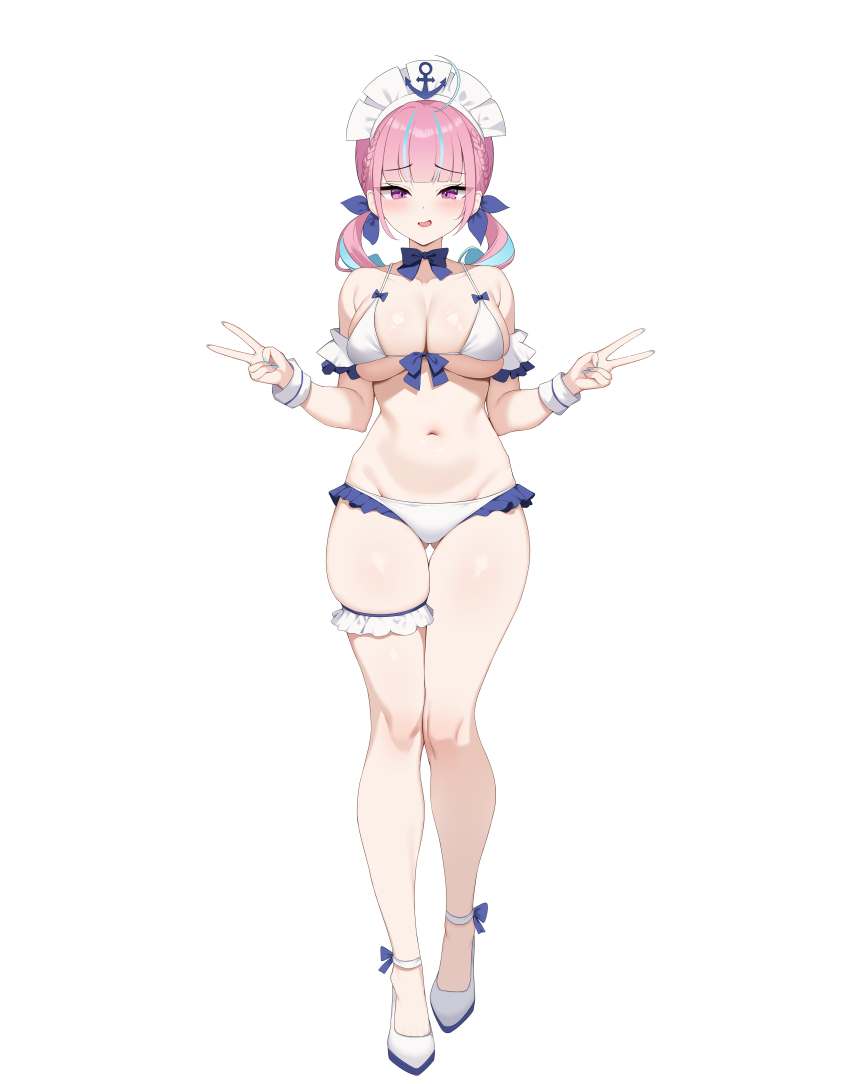 1girl, absurdres, ahoge, anchor_symbol, bare_shoulders, barefoot, bikini, blue_hair