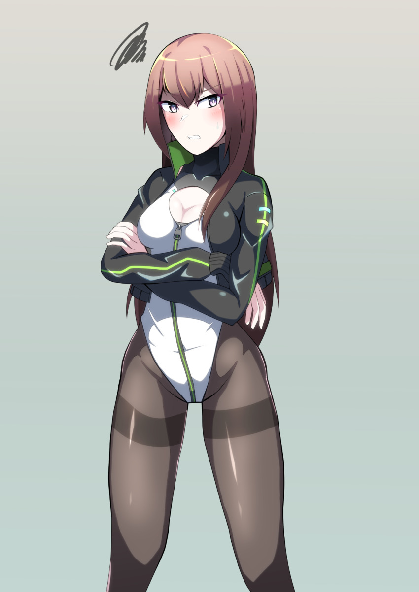 1girl, alice_gear_aegis, black_jacket, black_pantyhose, brown_hair, circle_cutout, cleavage_cutout, clothing_cutout