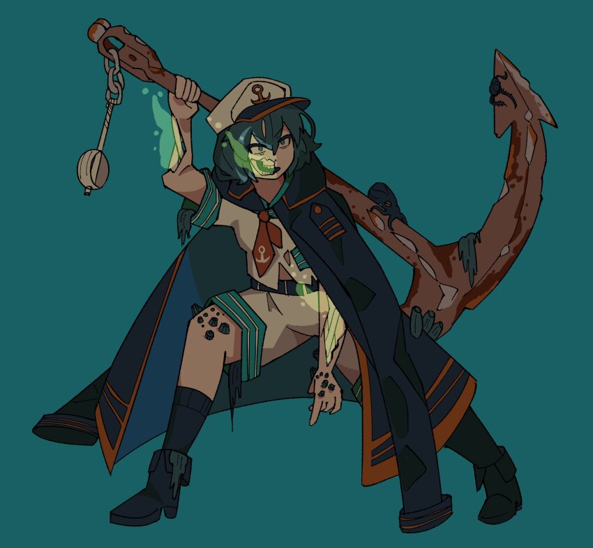 1girl, absurdres, anchor, anchor_symbol, black_coat, black_footwear, black_hair, blue_background