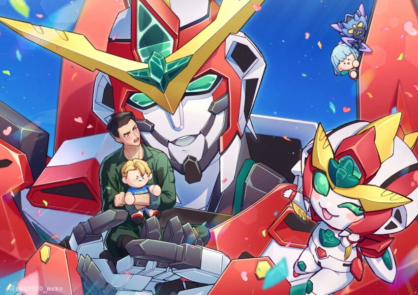 1girl, 5boys, ao_isami, black_hair, blonde_hair, blue_background, blush, blush_stickers, bravern, carrying, carrying_person, cbg2020_mrkc, character_doll, chibi, clone, doll, green_jumpsuit, heart, jumpsuit, lewis_smith, lulu_(bang_bravern), male_focus, mecha, multiple_boys, non-circular_lens_flare, one_eye_closed, open_mouth, robot, short_hair, superbia_(bravern), twitter_username, yaoi, yuuki_bakuhatsu_bang_bravern