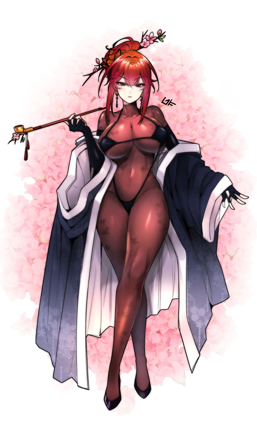 1girl, absurdres, blush, bodystocking, breasts, cheon-do_(eat_the_world_tree), cherry_blossoms, cleavage