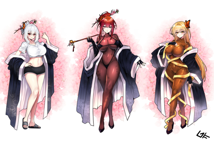 3girls, absurdres, baek-do_(eat_the_world_tree), bare_legs, blonde_hair, blush, bodystocking, breasts