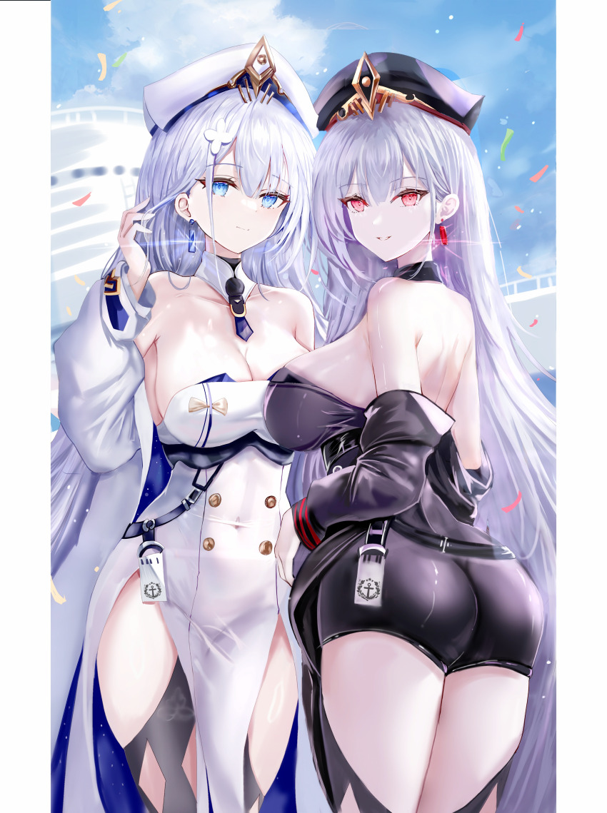 1girl, absurdres, age_fx, argyle_clothes, argyle_legwear, ass, azur_lane, black_dress, black_hat, black_thighhighs, blue_eyes, breasts, buttons, cleavage, coat, commentary_request, confetti, covered_navel, day, detached_collar, dress, emden_(azur_lane), emden_(duet_of_guiding_stars)_(azur_lane), hair_behind_ear, hat, highres, large_breasts, long_hair, looking_at_viewer, looking_back, multiple_persona, necktie, off_shoulder, outdoors, parted_lips, pillarboxed, red_eyes, short_necktie, smile, strapless, strapless_dress, thighhighs, very_long_hair, white_coat, white_dress, white_hair, white_hat