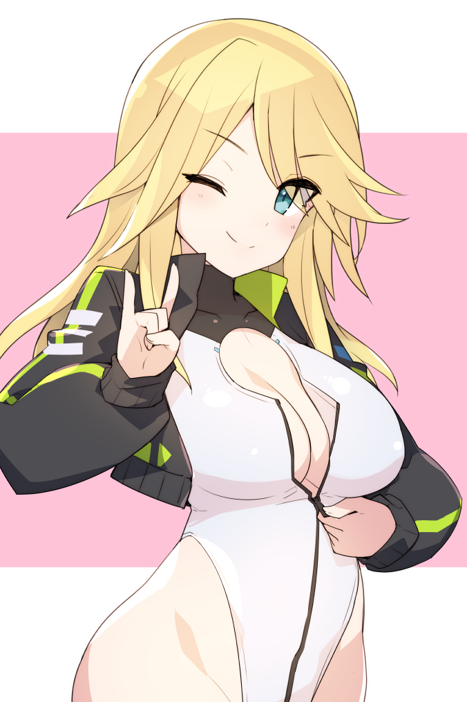 \n/, alice_gear_aegis, black_jacket, blonde_hair, blue_eyes, circle_cutout, cleavage_cutout, clothing_cutout