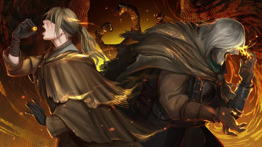 1boy, 1girl, armor, black_cloak, blindfold, blonde_hair, brown_capelet, brown_dress