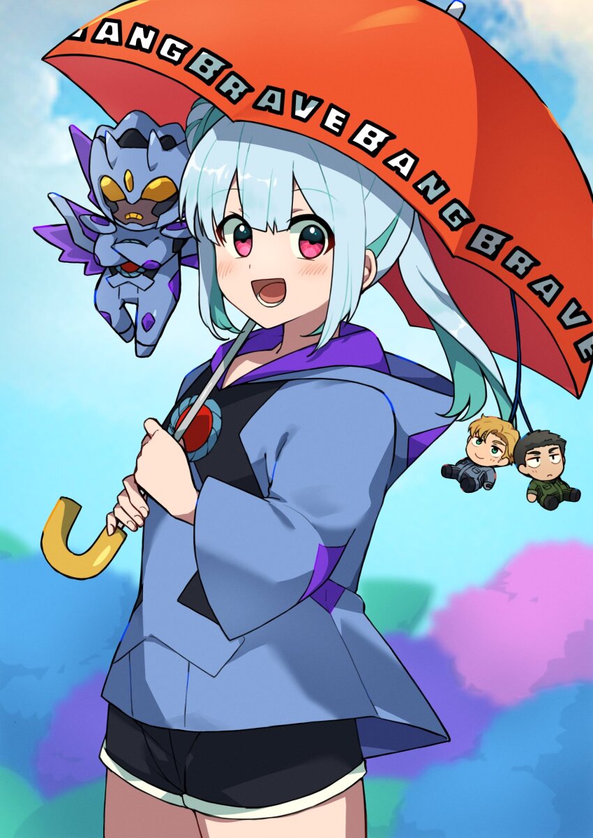 1girl, 3boys, :d, ao_isami, black_hair, blonde_hair, blue_coat, blue_jumpsuit