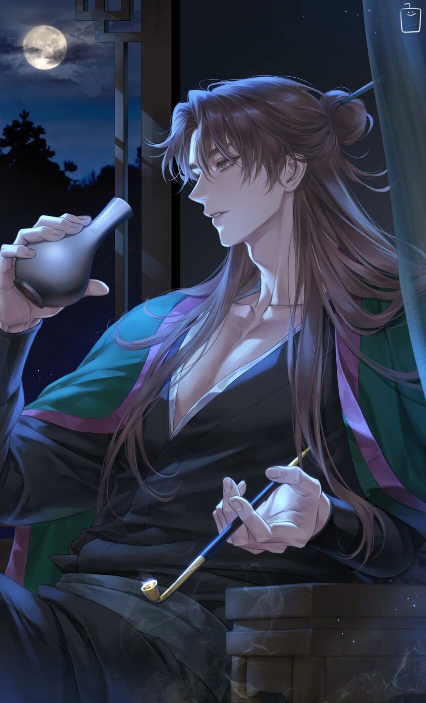 1boy, absurdres, adam's_apple, black_robe, bottle, brown_hair, collarbone, curtains, duyu_(07040613), full_moon, green_eyes, hair_bun, hair_ornament, hair_stick, highres, holding, holding_bottle, holding_smoking_pipe, korean_clothes, korean_commentary, long_hair, long_sleeves, looking_to_the_side, male_focus, moon, moonlight, night, open_clothes, parted_lips, pectoral_cleavage, pectorals, return_of_the_mount_hua_sect, robe, signature, sitting, smoke, smoking_pipe, solo, tang_bo_(return_of_the_mount_hua_sect), upper_body, window
