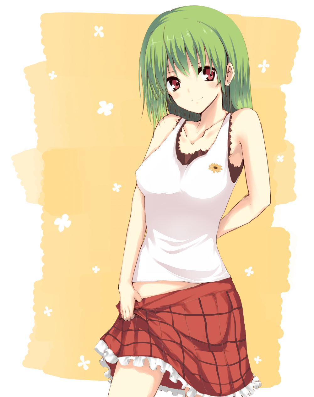 1girl, akisa, alternate_hairstyle, arm_behind_back, bad_id, bad_pixiv_id, bare_shoulders, casual, clothes_pull, collarbone, contemporary, female_focus, green_hair, highres, kazami_yuuka, plaid_clothes, plaid_skirt, red_eyes, short_hair, skirt, skirt_pull, smile, solo, touhou