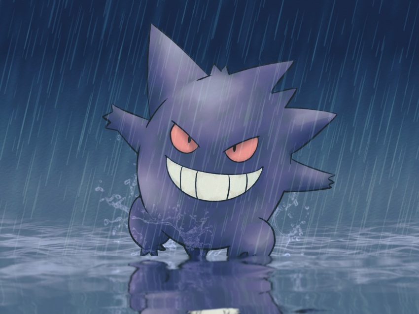 commentary_request, full_body, gen_1_pokemon, gengar, grin, highres, hyangjjan, nintendo, no_humans, outdoors, outstretched_arms, pokemon, pokemon_(creature), pokemon_focus, rain, reflection, smile, solo, standing, teeth
