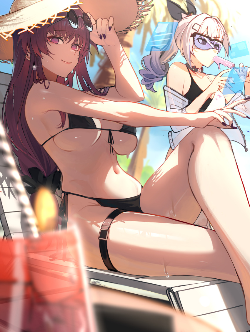 2girls, absurdres, adjusting_eyewear, alternate_costume, beach_chair, belt, bikini, black_bikini, black_bow, black_choker, bow, breasts, choker, commentary_request, crossed_legs, curryman_(curryman06), drill_hair, drill_ponytail, eating, food, front-tie_bikini_top, front-tie_top, goggles, grey_eyes, grey_hair, groin, hair_bow, hand_on_eyewear, hat, highres, holding, holding_food, holding_popsicle, holographic_interface, honkai:_star_rail, honkai_(series), jacket, kafka_(honkai:_star_rail), korean_commentary, large_breasts, long_hair, looking_at_screen, looking_at_viewer, multiple_girls, nail_polish, navel, open_clothes, open_jacket, popsicle, purple-tinted_eyewear, purple_eyes, purple_hair, purple_nails, round_eyewear, see-through_clothes, see-through_jacket, shade, silver_wolf_(honkai:_star_rail), sitting, smile, stomach, straw_hat, sunglasses, swimsuit, thigh_belt, thigh_strap, tinted_eyewear, white_jacket
