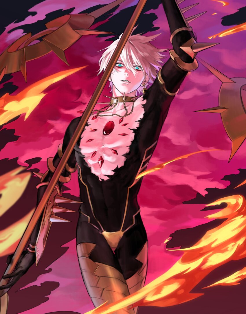 1boy, absurdres, arm_guards, bishounen, blue_eyes, cape, center_opening, chest_jewel