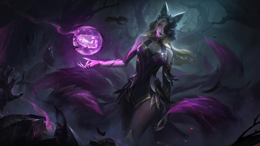 absurdres, ahri_(league_of_legends), animal_ears, animal_skull, artist_request, bird, blonde_hair, coven_ahri