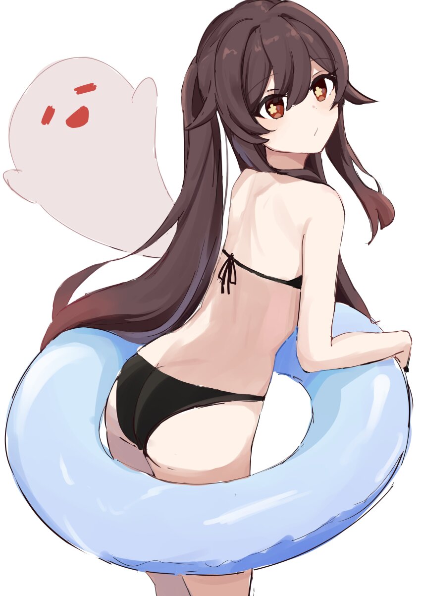 1girl, absurdres, ass, bare_shoulders, bikini, black_bikini, boo_tao_(genshin_impact), brown_eyes