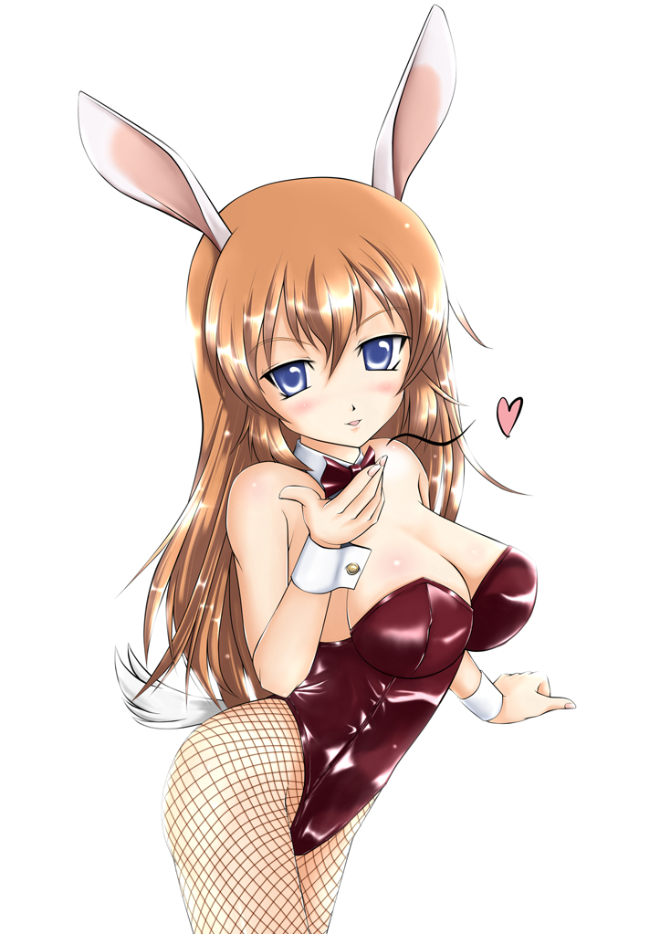 1girl, animal_ears, blue_eyes, brown_hair, charlotte_e._yeager, fake_animal_ears, female_focus, fishnet_pantyhose, fishnets, kenbu, long_hair, pantyhose, playboy_bunny, rabbit_ears, solo, strike_witches, world_witches_series