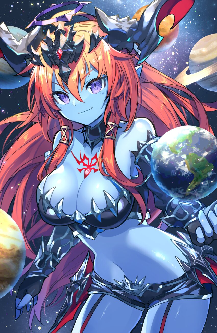 1girl, absurdres, blue_skin, breasts, cleavage, colored_skin, demon_girl, demon_horns