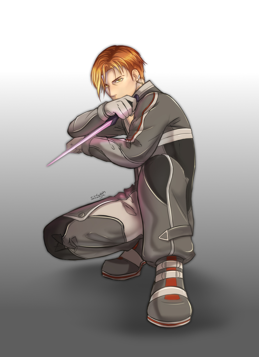 1boy, asymmetrical_hair, canaan_(xenosaga), dagger, earrings, gloves, grey_gloves, grey_jacket, highres, holding, holding_dagger, holding_knife, holding_weapon, jacket, jewelry, knife, orange_eyes, orange_hair, reverse_grip, sicahyart, sidecut, solo, undercut, weapon, xenosaga