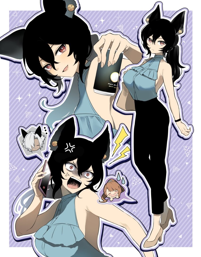 angry, animal_ears, backless_outfit, bag, beatrix_(granblue_fantasy), black_hair, black_pants, breasts