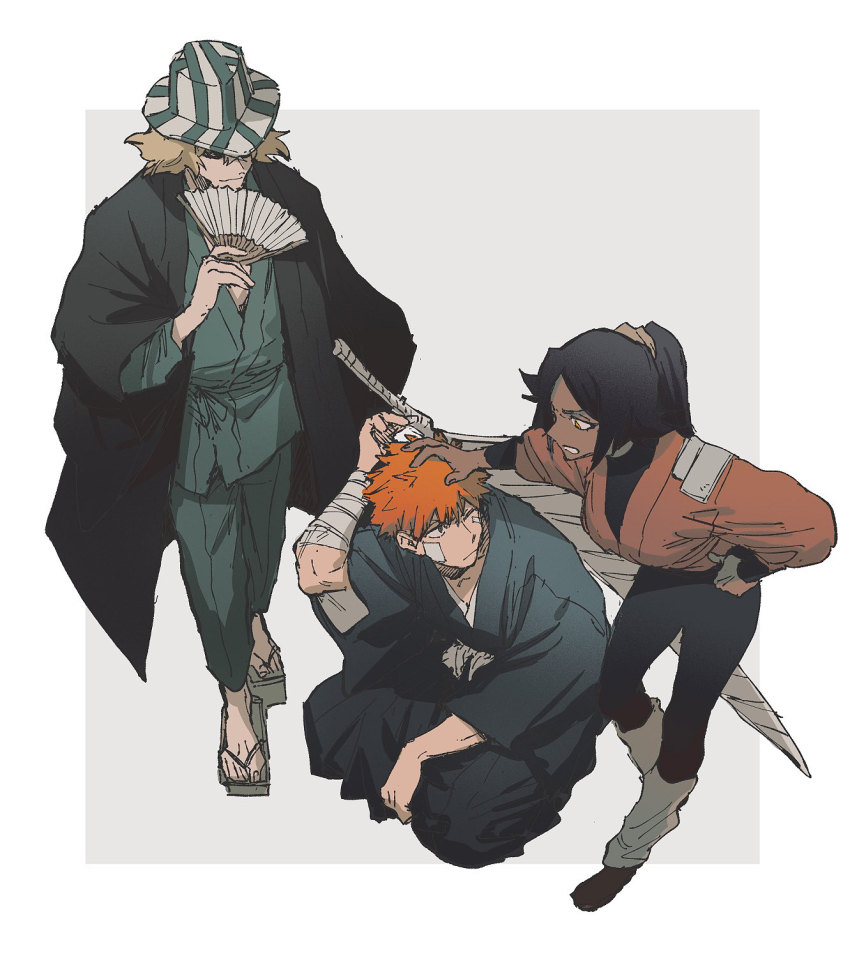 1girl, 2boys, abaraya, arm_up, bandage_on_face, bandaged_arm, bandages, black_hair