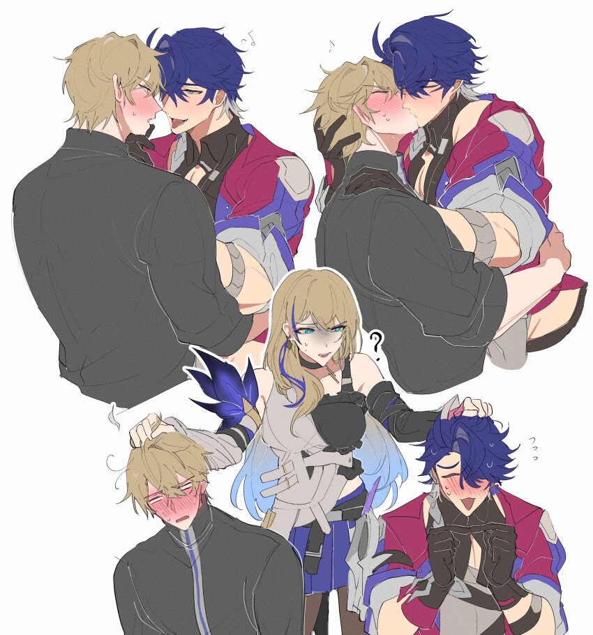 1girl, 2boys, ?, absurdres, armor, back, bare_shoulders, black_choker