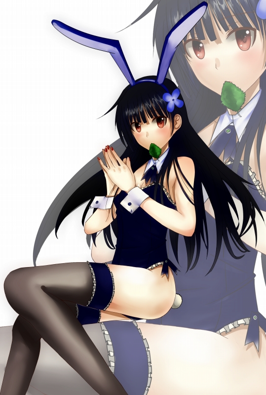 10s, 1girl, animal_ears, bare_shoulders, billion_(billion0103), black_hair, black_thighhighs, blush