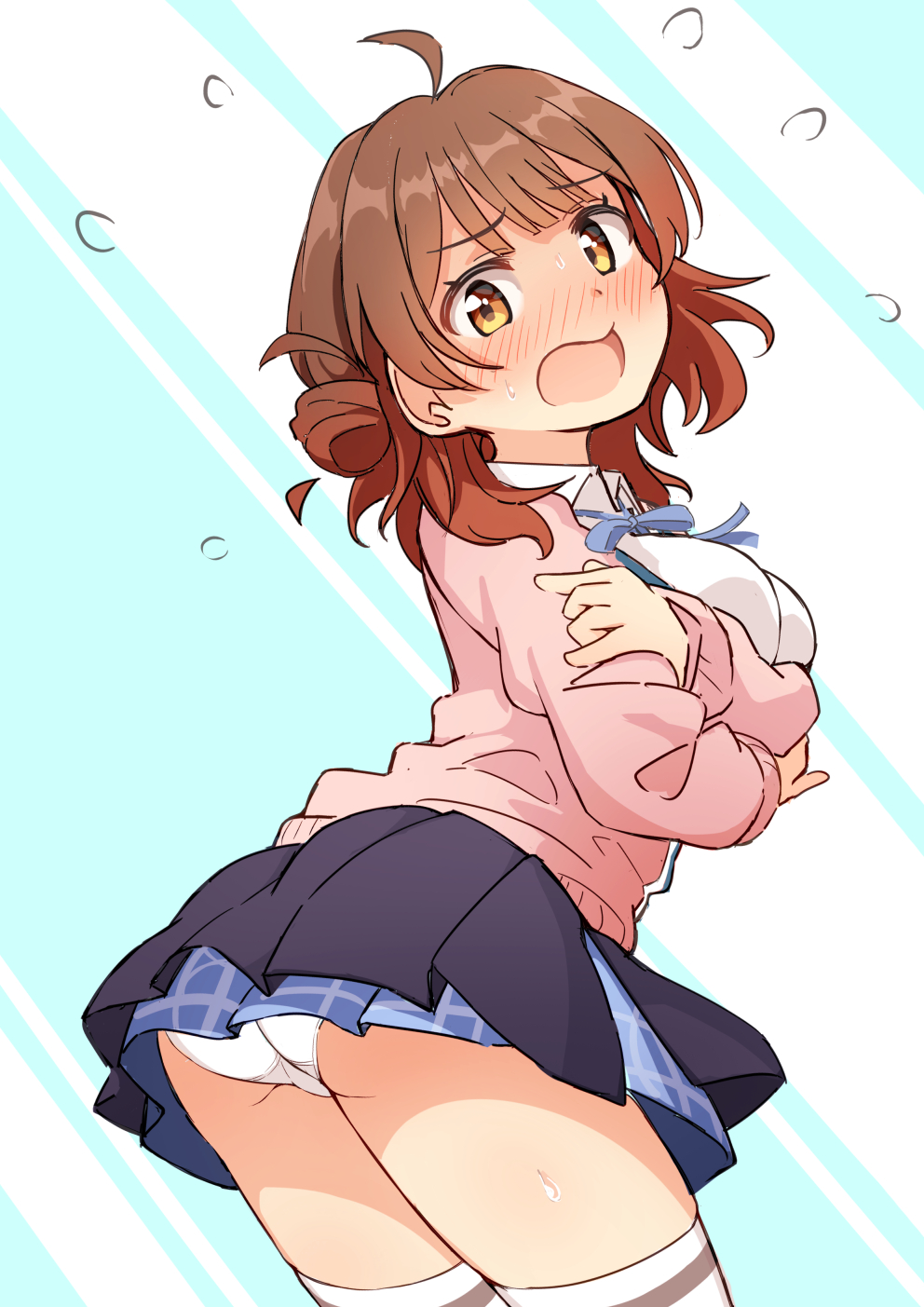 1girl, ahoge, arms_under_breasts, ass, black_skirt, blue_ribbon, blue_skirt, blunt_bangs