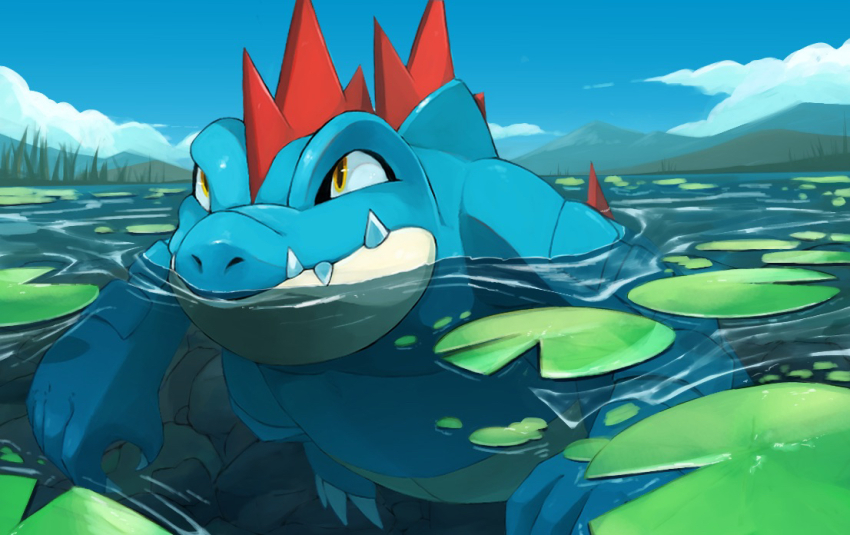 claws, cloud, commentary_request, day, fangs, fangs_out, feraligatr, gen_2_pokemon, kou11021301, lily_pad, nintendo, no_humans, outdoors, pokemon, pokemon_(creature), sky, solo, swimming, water, yellow_eyes