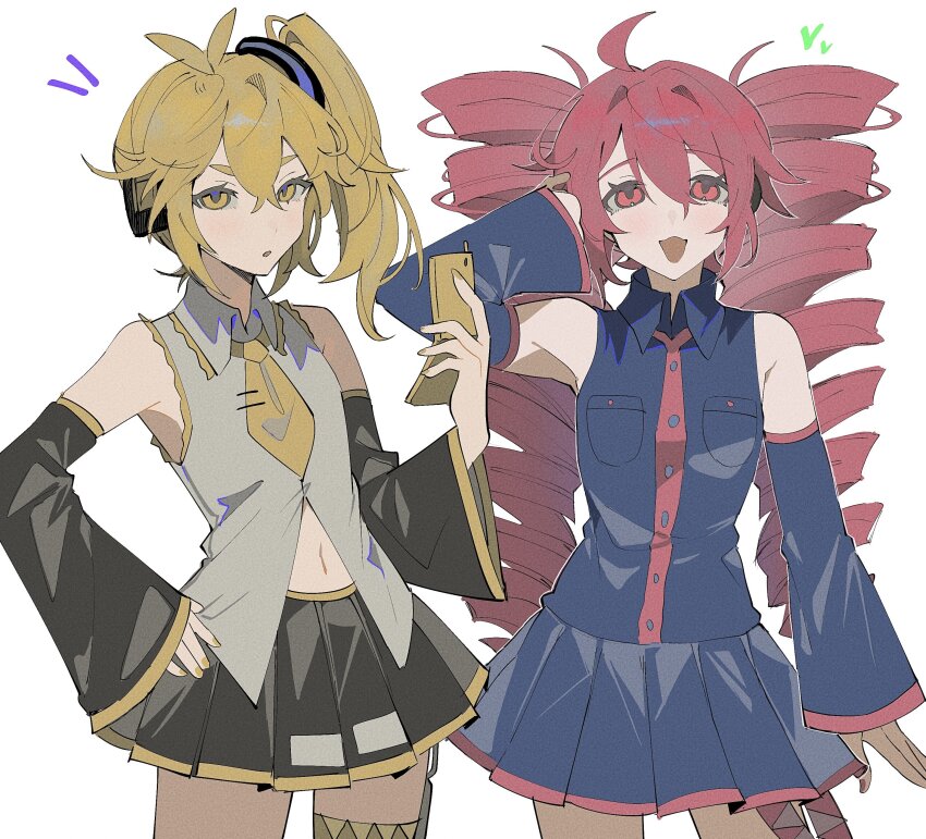 2girls, absurdres, ahoge, akita_neru, antenna_hair, arm_up, bare_shoulders, black_skirt