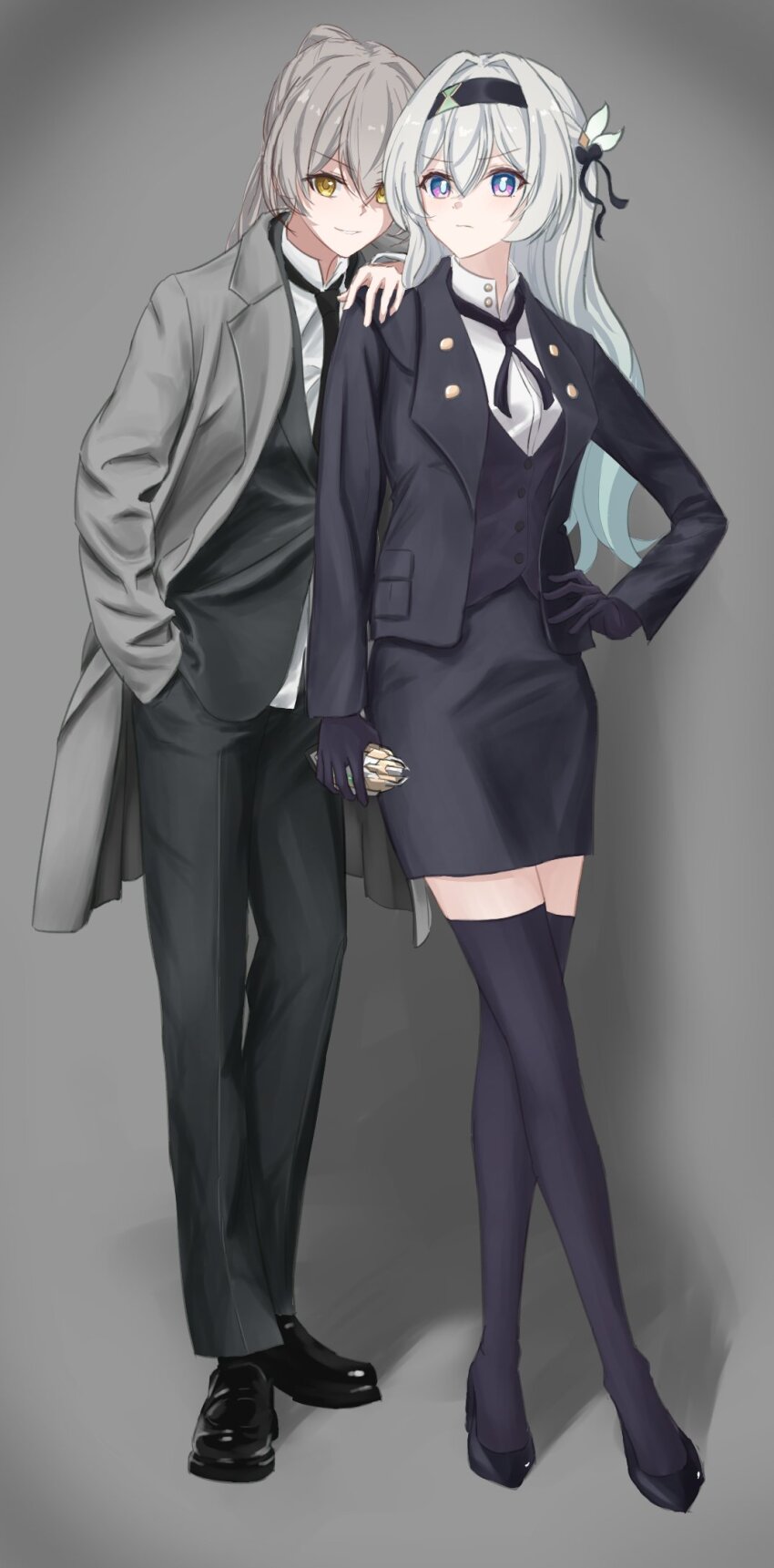 2girls, black_gloves, black_hairband, black_necktie, black_pants, black_skirt, black_thighhighs, blush, coat, collared_shirt, firefly_(honkai:_star_rail), firefly_(jepella_rebellion)_(honkai:_star_rail), full-face_blush, gloves, grey_background, grey_coat, grey_hair, hair_between_eyes, hair_ornament, hairband, hand_in_pocket, hand_on_another's_shoulder, hand_on_own_hip, high_heels, highres, honkai:_star_rail, honkai_(series), long_hair, long_sleeves, looking_at_viewer, multicolored_eyes, multiple_girls, necktie, official_alternate_costume, pants, pencil_skirt, ponytail, shirt, simon_tearla, skirt, smile, standing, stelle_(honkai:_star_rail), thighhighs, trailblazer_(honkai:_star_rail), two-tone_eyes, yellow_eyes