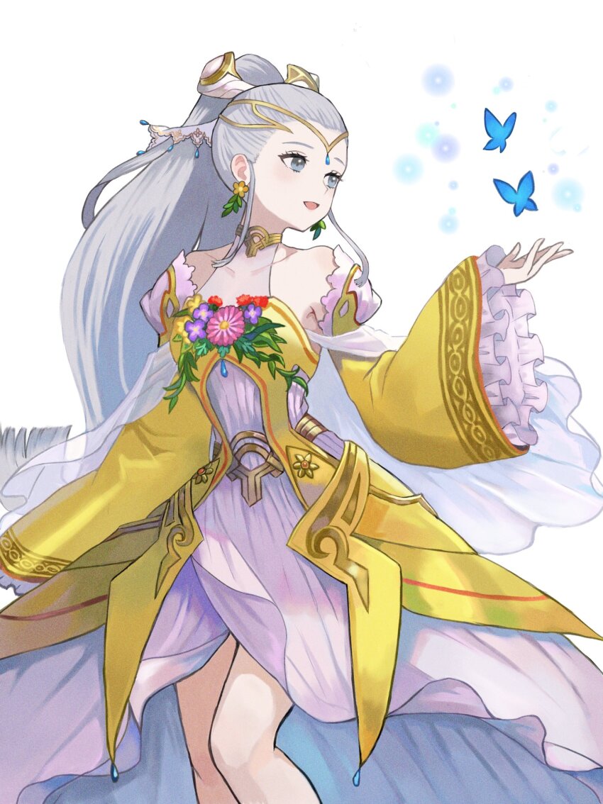 1girl, blue_butterfly, blue_eyes, breasts, bug, butterfly, detached_sleeves, dress