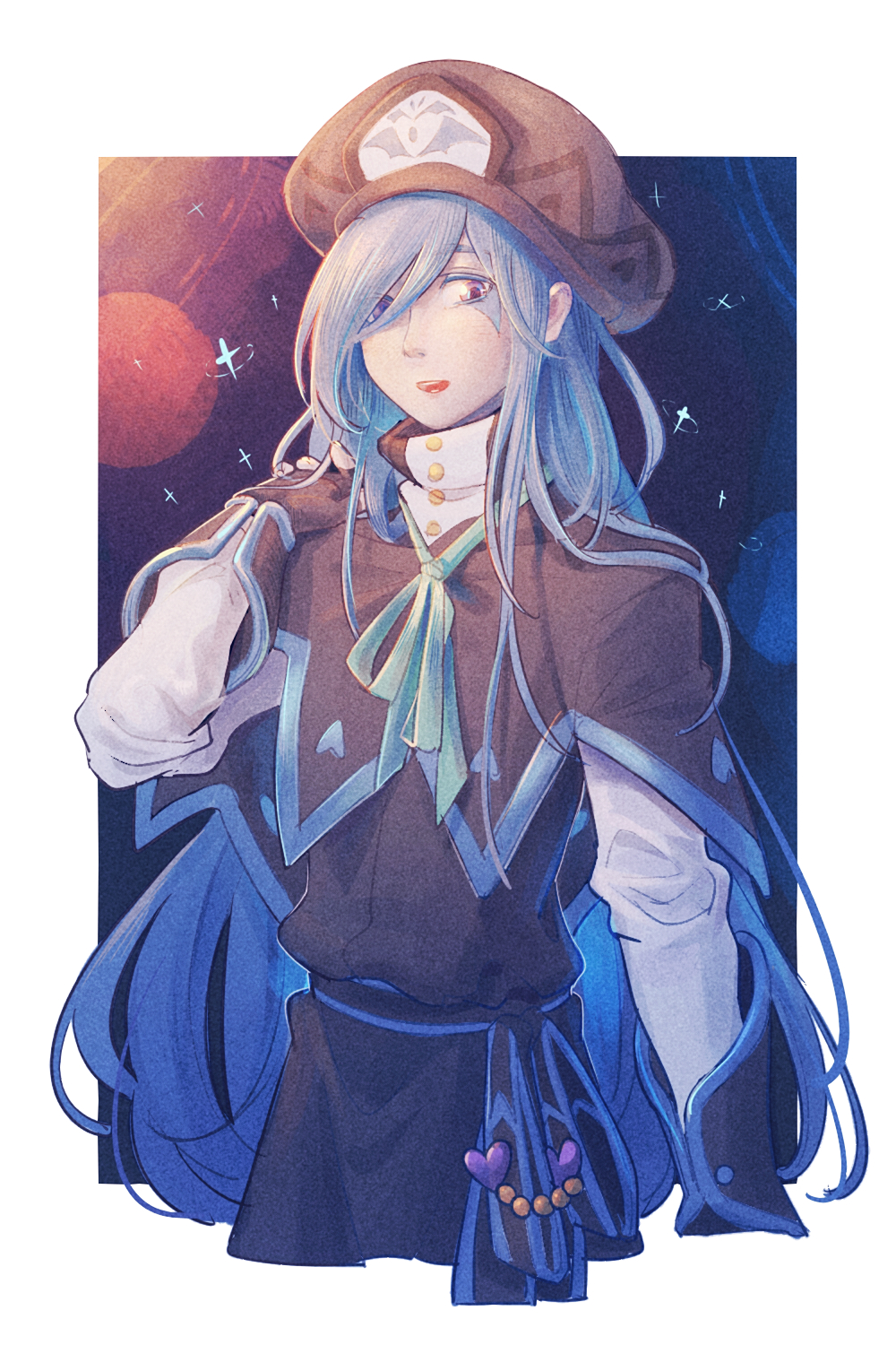 1girl, beads, black_capelet, black_gloves, black_hat, black_skirt, black_vest, black_wrist_cuffs